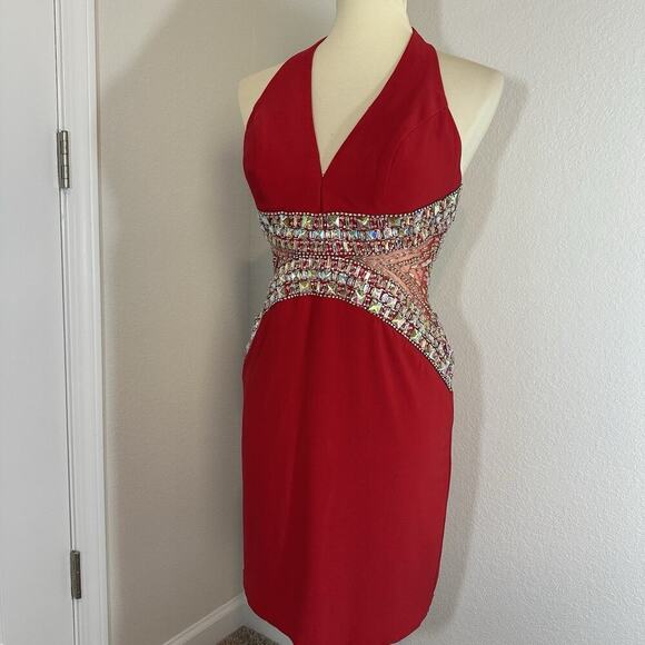 Vintage TONY BOWLS Sequin Cut Out Red Halter Cocktail Dress Pageant HOCO Formal - Picture 16 of 17